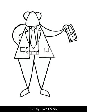 Disegnate a mano illustrazione vettoriale di boss dando denaro. Contorni neri e bianchi. Illustrazione Vettoriale