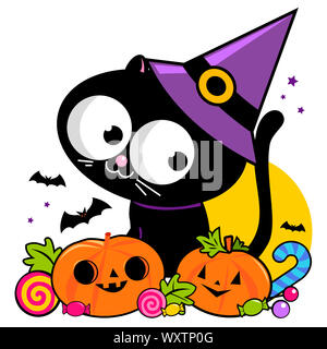 Halloween gatto nero con witch hat, zucche e candy. Foto Stock