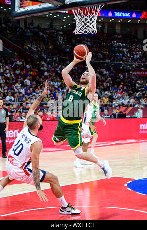 Matthew Dellavedova (Australia) contro la Francia. FIBA Basketball World Cup Cina 2019, gioco di medaglia di bronzo Foto Stock