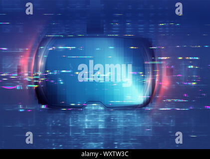 3D occhiali VR con grunge texture glitch, abstract tech sfondo. Foto Stock