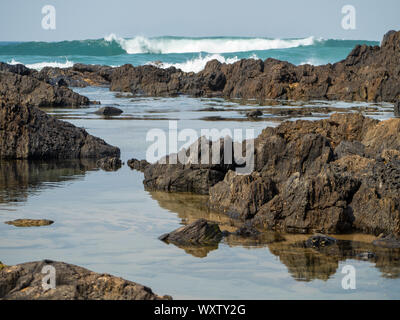 Stagcape, mare verde blu onde che si infrangono e si schiantano sulle rocce sullo sfondo vicino alla spiaggia e le acque lucenti delle piscine rocciose, paesaggio australiano Foto Stock