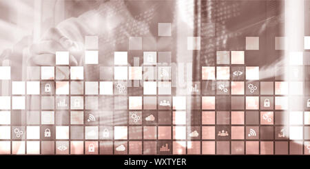 Abstract digitali pixel di sfondo icone sfocate moderna sala server. La tecnologia di telecomunicazione internet Iot di cosa concetto. Foto Stock