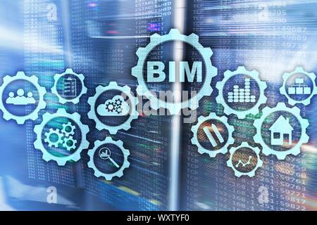 Building Information Modeling. BIM sullo schermo virtuale con un server i dati sullo sfondo al centro Foto Stock