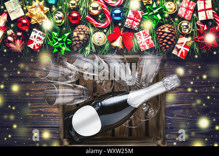 Sfondo di legno, piana, laici decorazione di Natale, adobe stock, champange fir, impostazione tabella, abete Foto Stock