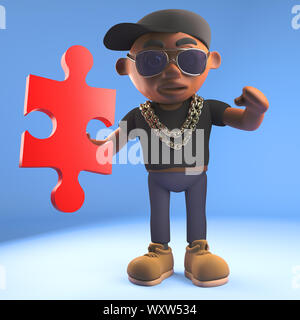 3D fumetto nero rapper hiphop emcee in berretto da baseball in possesso di un pezzo di un puzzle, 3D render illustrazione Foto Stock
