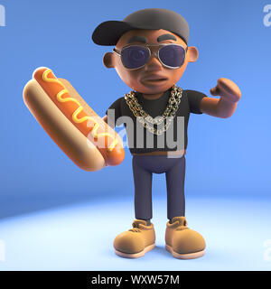 Colore nero 3D fumetto hiphop rapper carattere emcee di mangiare un hotdog hot dog, 3D render illustrazione Foto Stock