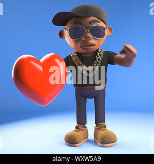 3D fumetto black hiphop rapper holding di caratteri in rosso di un romantico cuore, 3D render illustrazione Foto Stock