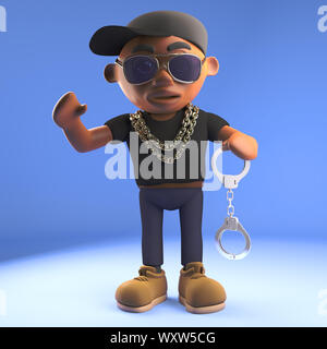 3D fumetto nero rapper hiphop in berretto da baseball tenendo un paio di manette, 3D render illustrazione Foto Stock