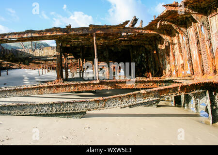 Naufragio sulla spiaggia occidentale dell'Isola di Fraser, Queensland, Australia, la più grande isola di sabbia del mondo Foto Stock