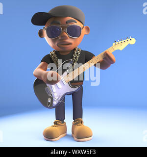 3D fumetto black hiphop rapper carattere emcee suonando una chitarra elettrica, 3D render illustrazione Foto Stock
