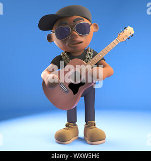 Cartoon 3d black hiphop rapper carattere emcee suonando una chitarra acustica, 3D render illustrazione Foto Stock