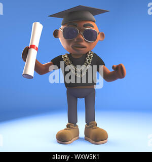 3D fumetto black hiphop rapper carattere emcee matriculating con mortaio board e diploma, Scorrimento 3D render illustrazione Foto Stock