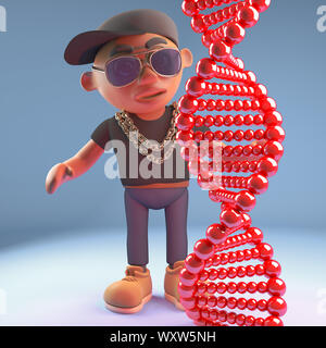 Cartoon 3d black hiphop rapper carattere emcee alla ricerca genetica a doppia elica del DNA, 3D render illustrazione Foto Stock