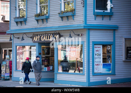 Persone che passeggiano passato infissi di legno mare galleria d'Arte di strada tipica scena in Newport, Rhode Island, STATI UNITI D'AMERICA Foto Stock