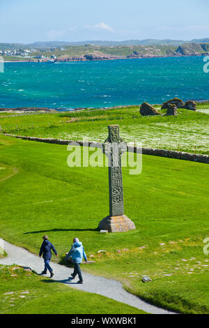 Cruz de San Martin. Abadía de San Colombano. Isla Iona. Ebridi Interne, Scozia. Regno Unito Foto Stock