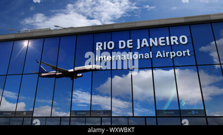 Gli aeromobili jet in atterraggio a Rio de Janeiro in Brasile il rendering 3D'illustrazione. Arrivo in città con il vetro terminal aeroportuale e di riflessione del pl Foto Stock