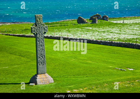 Cruz de San Martin. Abadía de San Colombano. Isla Iona. Ebridi Interne, Scozia. Regno Unito Foto Stock