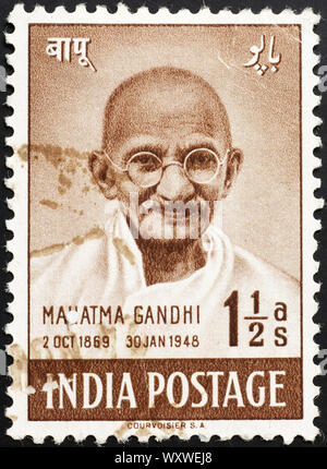 Ritratto di Gandhi sulla indian francobollo Foto Stock