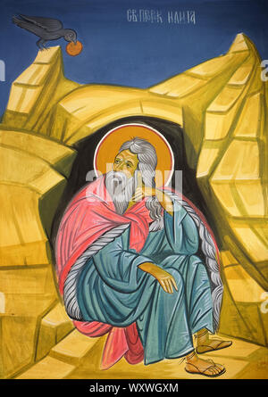 Profeta Elia sul monte Horeb, affresco nella chiesa di Saint Paraskeva dei Balcani vicino a Saint Naum Monastero, Ohrid in Macedonia Foto Stock