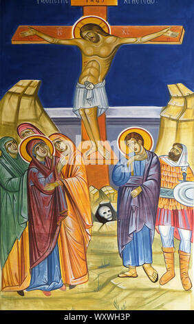 Crocifissione, Gesù sulla croce, affresco nella chiesa di Saint Paraskeva dei Balcani vicino a Saint Naum Monastero, Ohrid in Macedonia Foto Stock