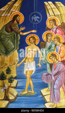 Battesimo del Signore, affresco nella chiesa di Saint Paraskeva dei Balcani vicino a Saint Naum Monastero, Ohrid in Macedonia Foto Stock