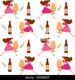 Festive seamless pattern. Illustrazione Vettoriale con persone, birra Boccale da birra, mug, bottiglia, frumento. Birra il concetto di partito. Monaco di Baviera - Festa della birra Oktoberfest. Illustrazione Vettoriale