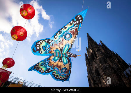 Cina festival il Roncalli piazza della cattedrale, butterfly come decorazione, Colonia, Germania. Chinafest auf dem Roncalliplatz am Dom, Schmetterling Foto Stock