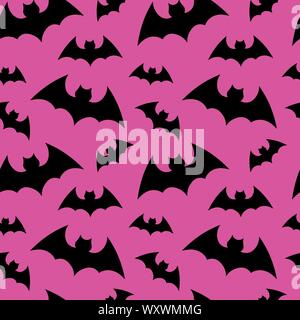 Modello di vettore di sfondo con pipistrelli sagome per halloween design. Happy Halloween. Modello Seammles sciame di pipistrelli sullo sfondo rosa. Illustrazione Vettoriale