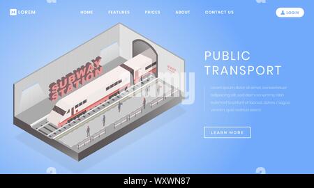La stazione della metropolitana landing page template vettoriale. Underground Railroad website homepage idea di interfaccia con piatto illustrazioni vettoriali. Express city travel service banner web, pagina web Concept cartoon Illustrazione Vettoriale