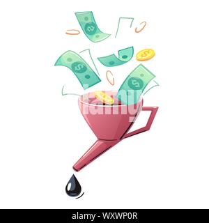 Imbuto di denaro e caduta di nero di carburante. Dollaro a rapporto di olio. Illustrazione piatta con industria petrolifera il concetto di crisi. Aumento di prezzo del gas station. Il vettore isolato sullo sfondo bianco. Illustrazione Vettoriale