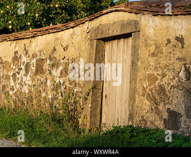 Porta nel vecchio muro di mattoni sul cantiere di fattoria Foto Stock