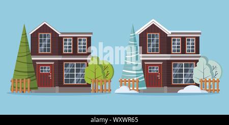 Set di isolato rurale del paese a due piani agriturismo inverno e estate case con le recinzioni Illustrazione Vettoriale