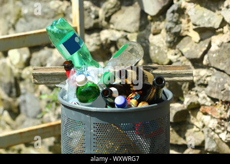Trash bin / immondizia può traboccare di bottiglie vuote Foto Stock