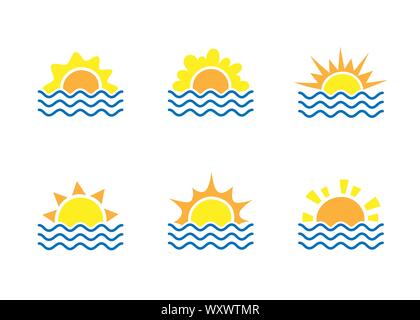 Sunrise e mare cartoon temlates logo collection. Onde di acqua e di sunbeam set di icone. Agenzia di viaggi concetto , estate illustrazione Illustrazione Vettoriale