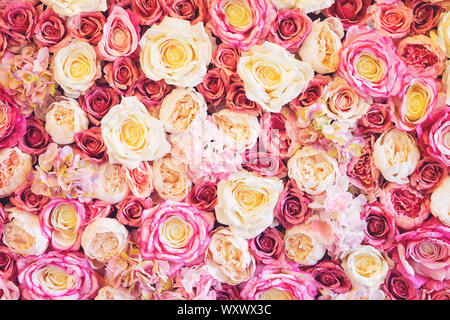 Parete di fiori di sfondo con incredibile rosso, rosa e rose bianche, decorazioni per matrimoni, fatto a mano. Tonificanti Foto Stock