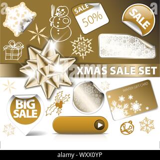 Set di Natale golden sconto biglietti, etichette, timbri, adesivi, angoli tags Illustrazione Vettoriale