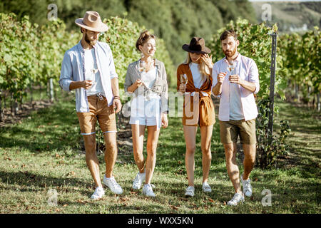 Un gruppo di giovani amici vestito casualmente a divertirsi insieme, camminando con bicchieri di vino sul vigneto su una soleggiata mattina d'estate Foto Stock