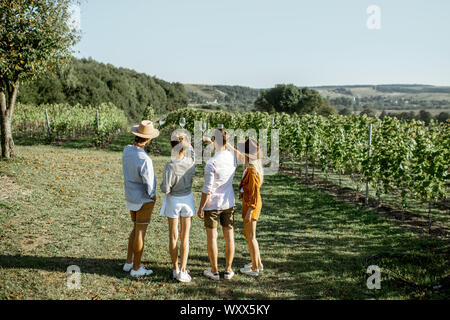 Un gruppo di giovani amici la degustazione di vino sul vigneto, godendo della splendida vista del paesaggio su una soleggiata mattina d'estate, vista dal lato posteriore Foto Stock