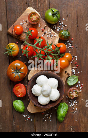 La cucina italiana ingridients : mozzarella, pomodoro, basilico, olio di oliva ed altri Foto Stock