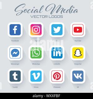 Raccolta di popolare social media logo in forma quadrata. Instagram, facebook, twitter, youtube, whatsapp, pinterest, snapchat, linkedin tumblr, messe Illustrazione Vettoriale