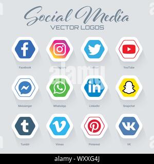 Raccolta di popolare social media logo in forma esagonale. Instagram, facebook, twitter, youtube, whatsapp, pinterest, snapchat, linkedin tumblr, me Illustrazione Vettoriale