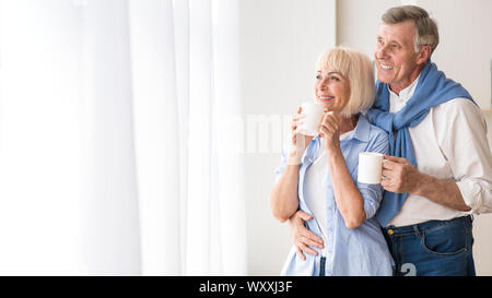 Felice coppia senior bere il tè vicino a finestra Foto Stock