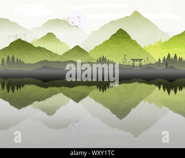 Oriental paesaggio giapponese, con riflessione delle montagne del lago, e la nebbia la formazione sull'acqua. Pescatore solitario, alberi di bambù e archway sagome o Foto Stock