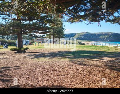 Palm Beach in una giornata di sole con un cielo blu chiaro guardando verso Barrenjoey testa e il faro della distanza, Nuovo Galles del Sud, Australia Foto Stock