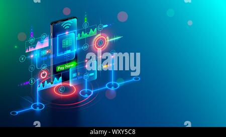 NFC pagamenti contactless technology nel telefono cellulare. Virtual banking card pay tramite smartphone. Interfaccia astratta di banking mobile applicazione e Illustrazione Vettoriale