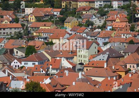 Trebic in Repubblica Ceca, UNESCO Weltkulturerbe: Blick vom Stadtturm auf die Altstadt Foto Stock