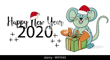 Anno di ratto. 2020 Iscrizione tipografiche su uno sfondo bianco. Felice anno nuovo 2020. Banner, flyer. Simbolo dell'anno con un dono in un nuovo anno Illustrazione Vettoriale