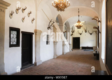 CASTA, Slovacchia - 31 agosto 2019: interno del borgo medievale di Cerveny Kamen (rosso) Stown Castello. Hall con decorazione di corna animali sulle pareti Foto Stock