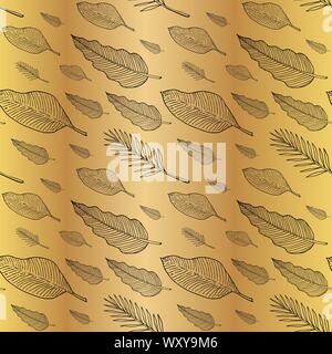 Modello senza cuciture con Philodendron, banana e Palma foglie o piume. Doodle sketch. Contorni neri su sfondo dorato. Texture trendy per carta digitale, tessuto, sfondi decorativi, natale incarto. Illustrazione Vettoriale. EPS10 Illustrazione Vettoriale