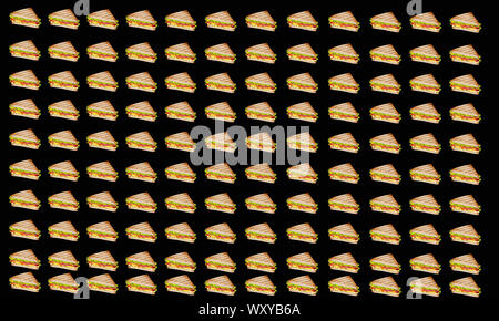 Lo stile del fumetto illustrazione di hamburger, pizza, sandwich e hotdog. Il Fast Food Seamless Pattern. Disegnato a mano sullo sfondo di cibo. Modello per la progettazione del sito web. Foto Stock